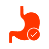stomach icon with check mark representing digestive health and wellness tips for 14 benefits